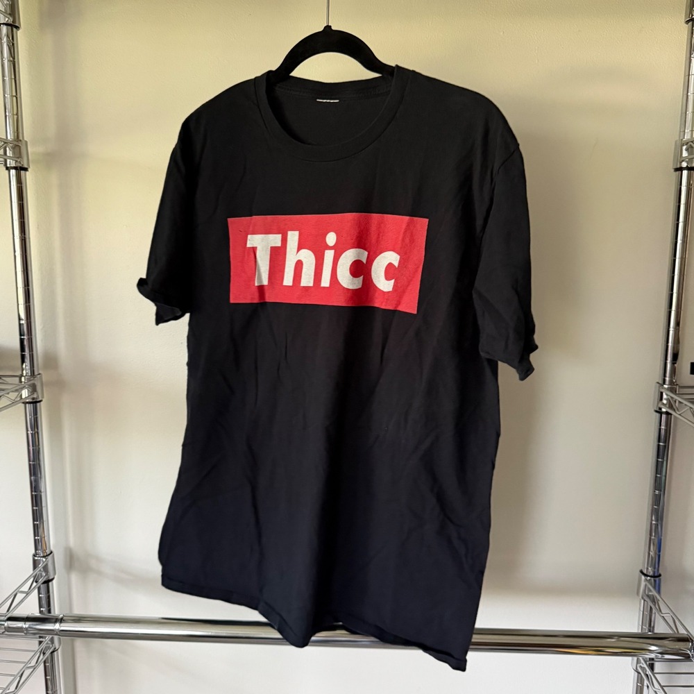 Thicc Box Logo Graphic T-Shirt Black Red White Streetwear Parody Mens Large